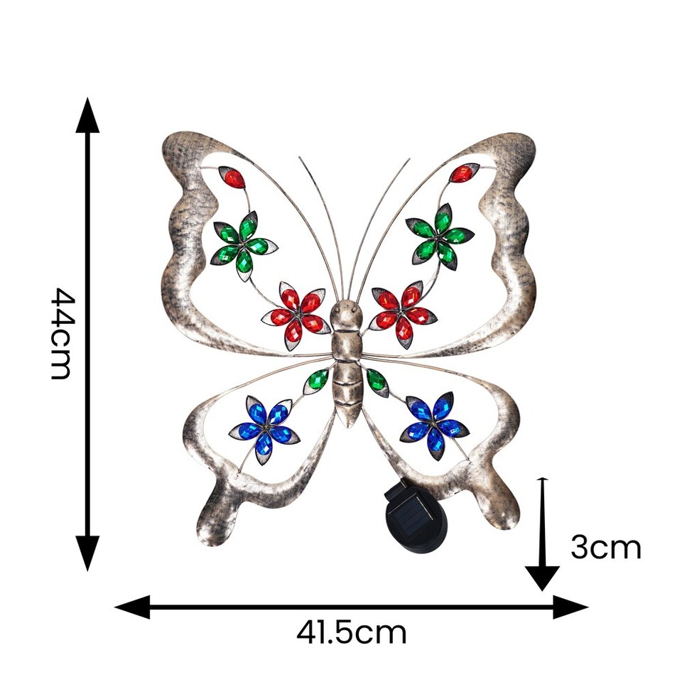 image 1 of ValueLights Solar Outdoor Multi Coloured Butterfly Wall Art Garden Fence Ornament Light