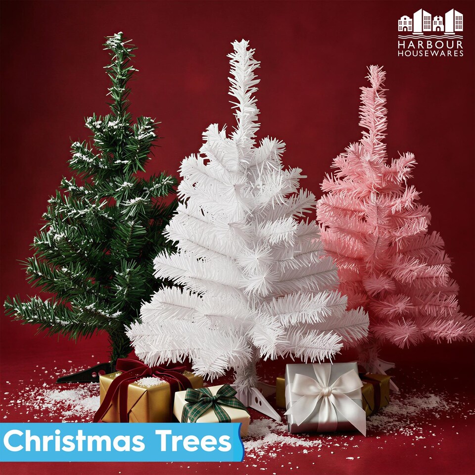 image 1 of Harbour Housewares 2x Artificial Fir Christmas Trees - 60cm/2ft - Indoor Small Xmas Tree Desktop Tree with Stand Mini Décor