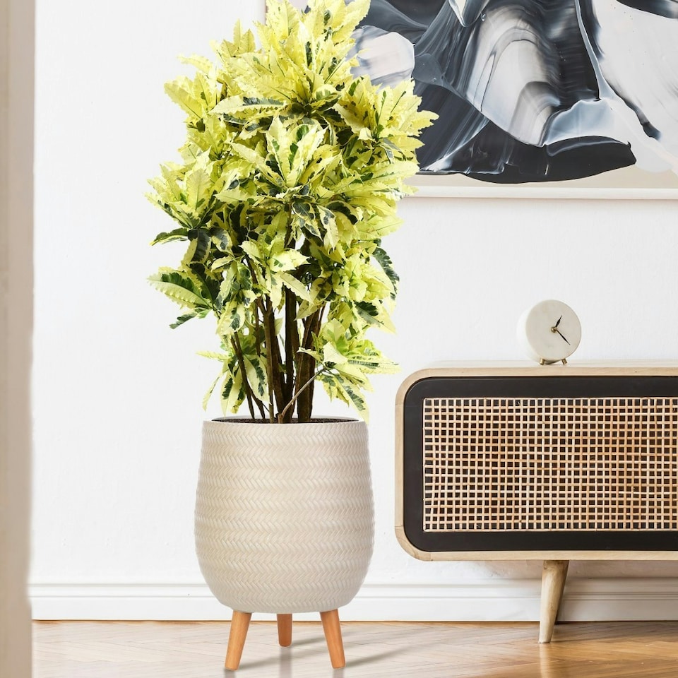 image 1 of Plaited Style Beige Planter with Legs, Round Indoor Plant Pot Stand for Indoor Plants by Idealist Lite D30 H43 cm, 19L