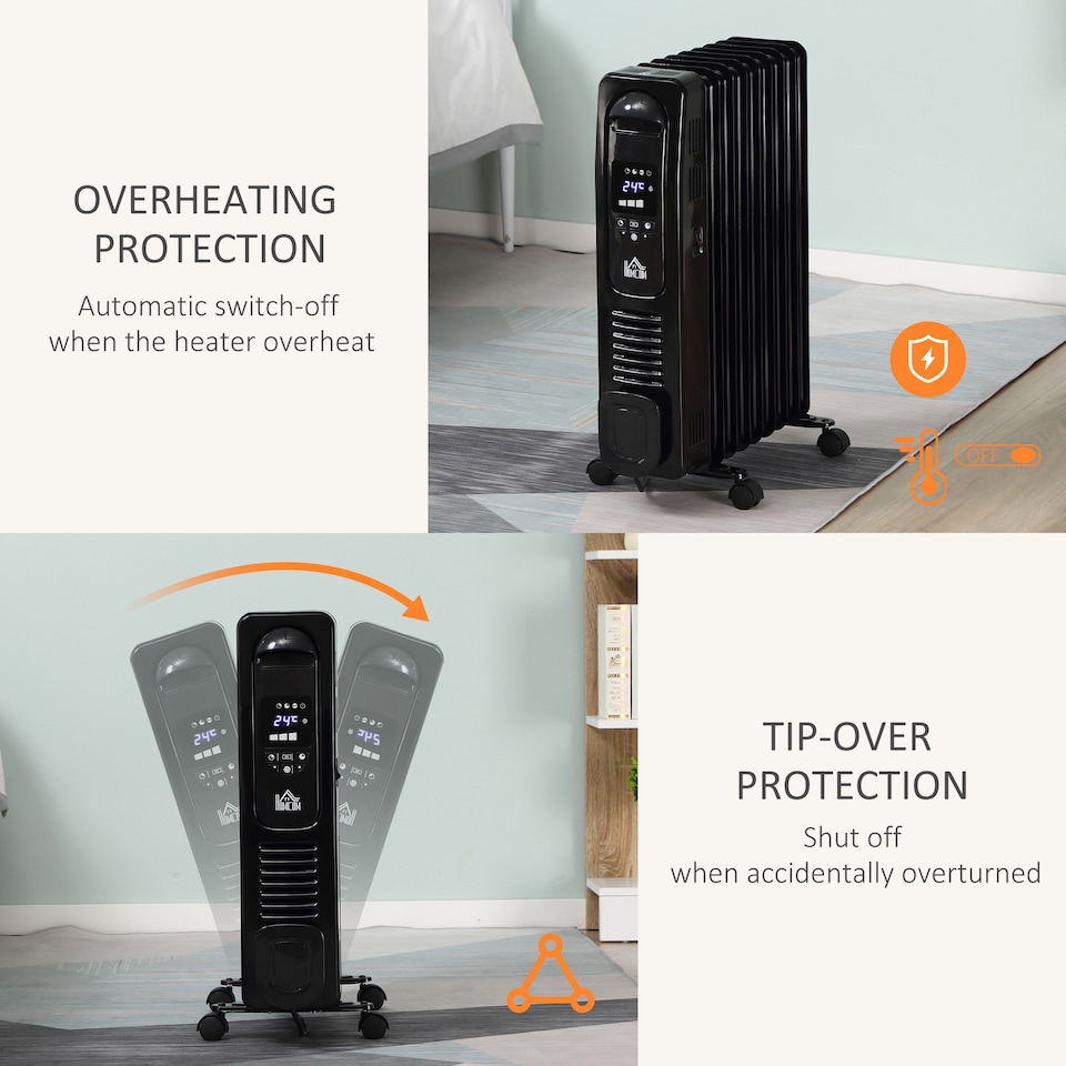 image 1 of HOMCOM 2000W Digital Oil Filled Radiator, 9 Fin, Portable Electric Heater with LED Display, 24-Hour Timer, 3 Heat Settings, Safety Cut-Off and Remote Control, Black