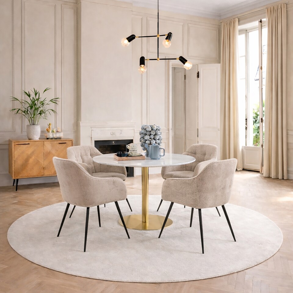 Corby Round Dining Table with White Polished Marble Top & Gold Base inc ...