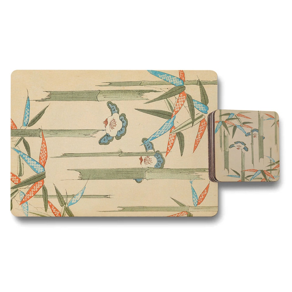 image 1 of Set Of 12 Placemats And Coasters With Designer Artwork And Wood Bottom