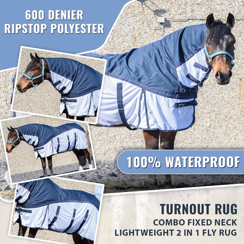 image 1 of eQuitack 600D 2 in 1 Waterproof Fly Turnout Mesh Horse Rug Fixed Neck Blue/White 6'0''