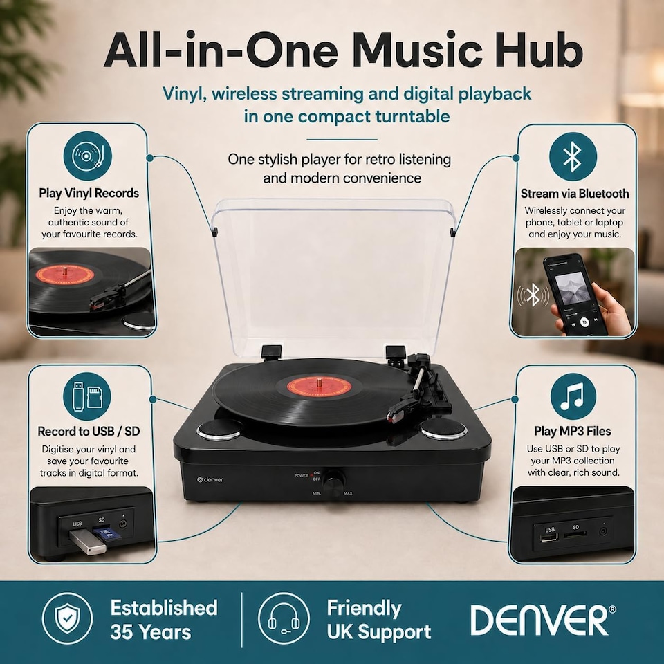 image 1 of Lightwood Vinyl Record Player With Stereo Speakers - Bluetooth Send & Receive - USB & SD Recording - AUX IN & RCA Out