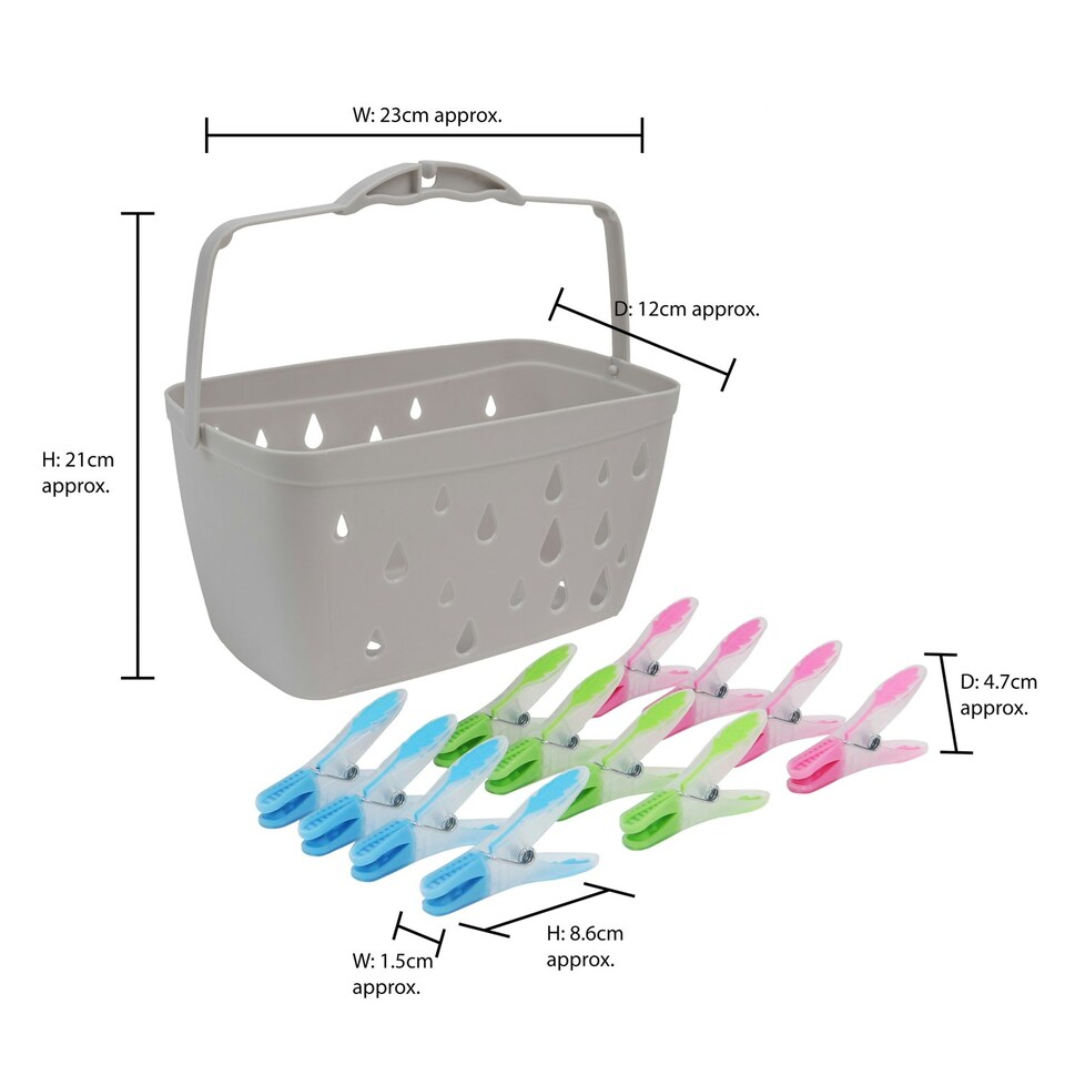image 1 of JVL Plastic Peg Basket, Grey with 48 Prism Soft Touch Leaf Design Plastic Pegs, Multi