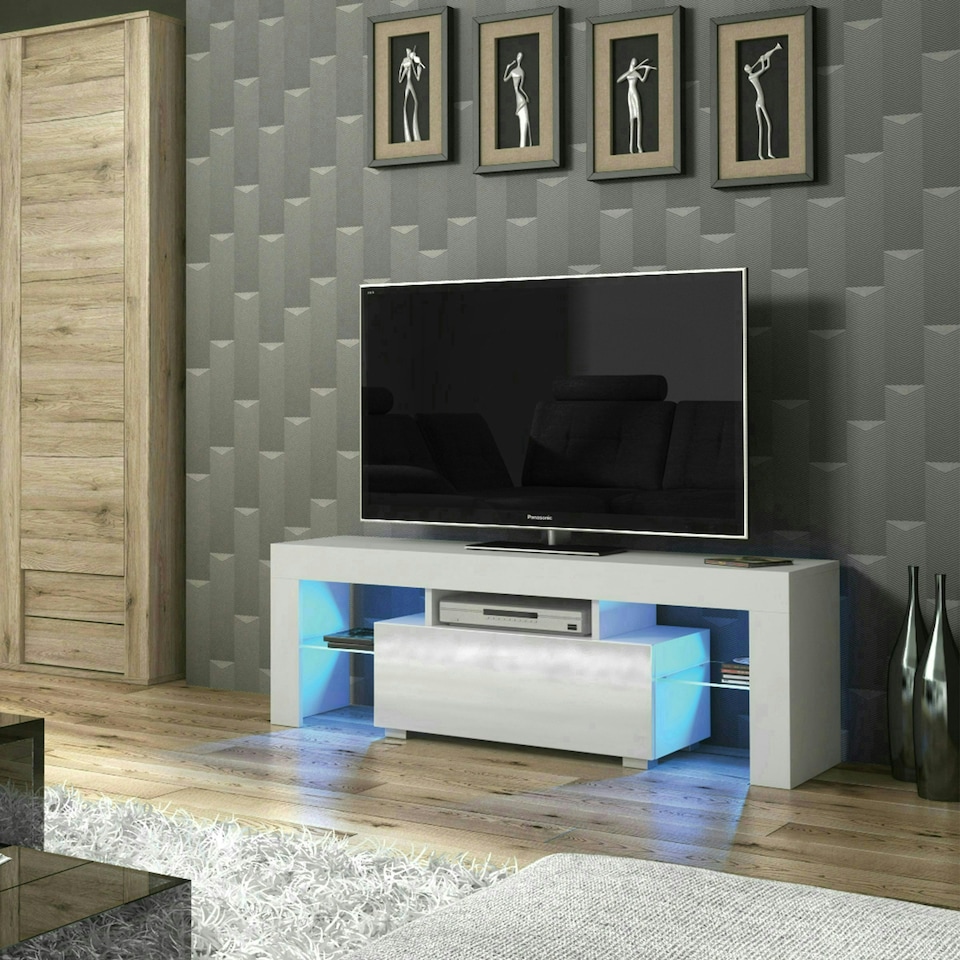 image 1 of TV Unit 130cm White Gloss Door White Matt Body with Glass Shelves Free LED | White | One Size | 1