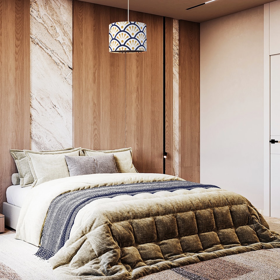 image 1 of Unique Moroccan Floral Designer 25cm Navy Midnight Blue and Ochre Drum Lampshade | Blue