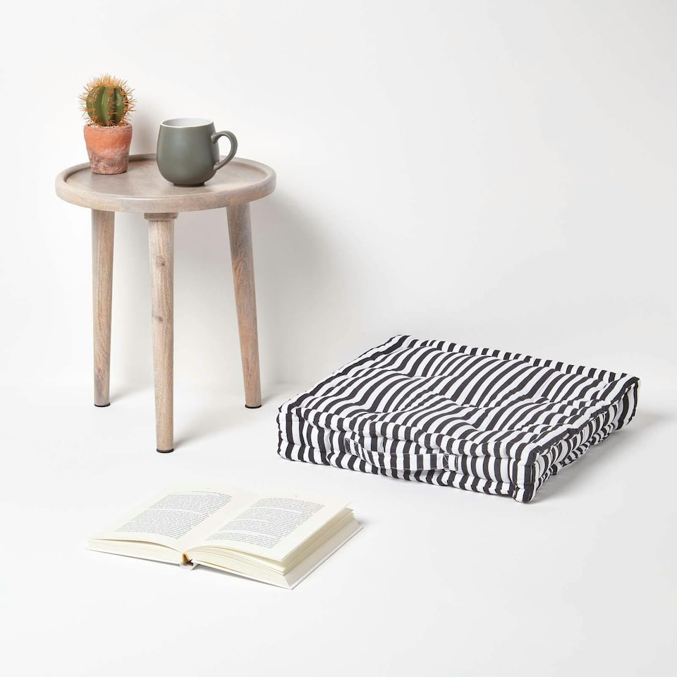image 1 of Homescapes Cotton Black Thin Stripe Floor Cushion - 50 x 50 cm | Black | 50 x 50 cm