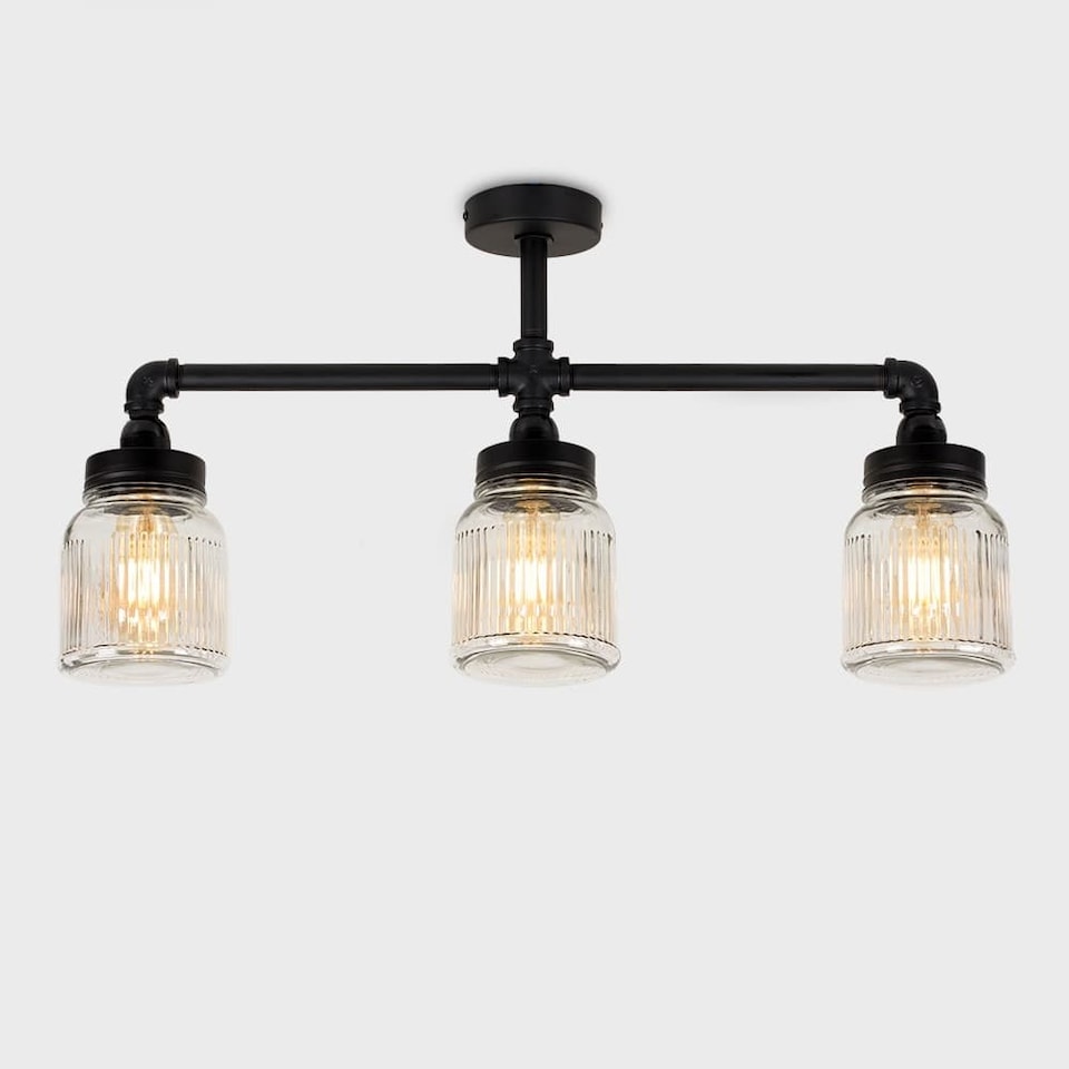 image 1 of ValueLights Luiggi 3 Way Black Ceiling Bar Light Clear Ribbed Glass Shades