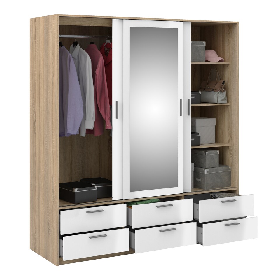image 1 of Line Wardrobe 3 Doors 6 Drawers in Oak with White High Gloss