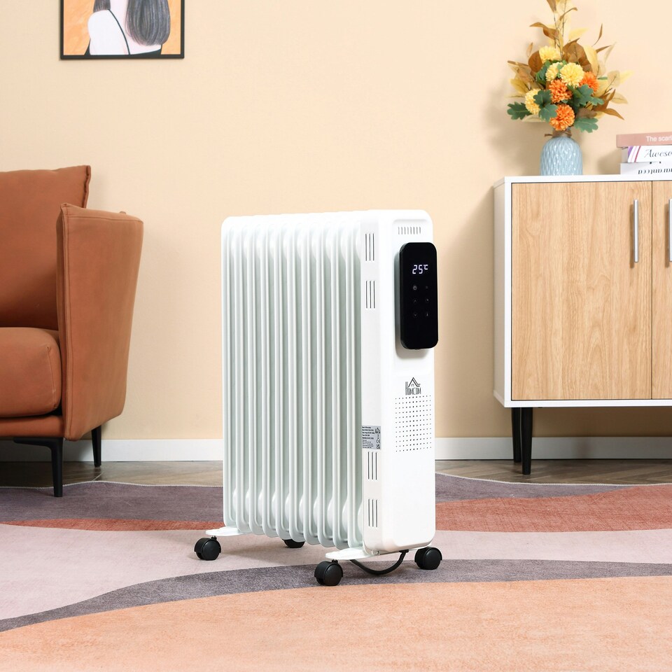 image 1 of HOMCOM 2500W Oil Filled Radiator Heater w/ 3 Heat Settings Remote Control White