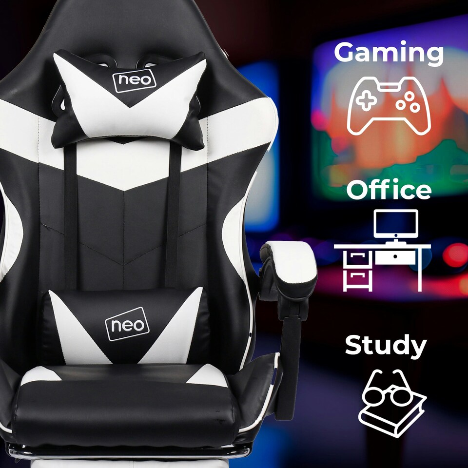 image 1 of White/Black Massage Leather Gaming Chair with Footrest