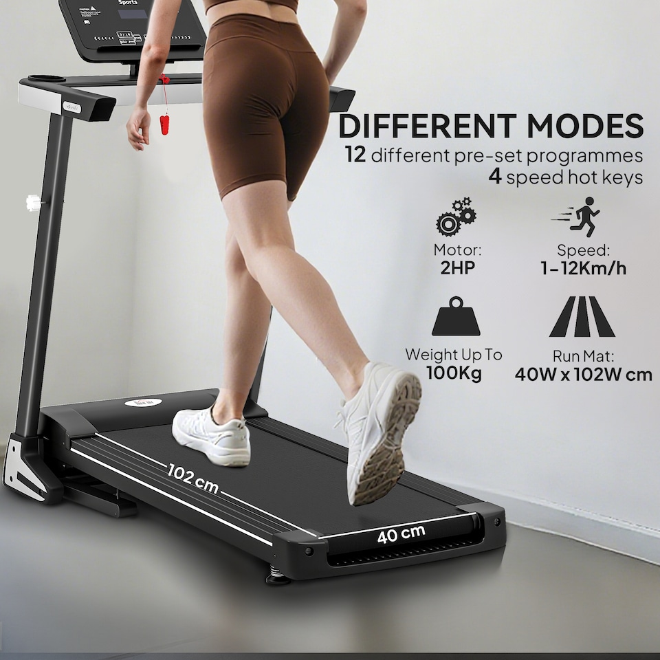 image 1 of HOMCOM 2HP Motorised Treadmill 1-12km/h Folding Frame w/ Wheels Preset Programs | Black | Black