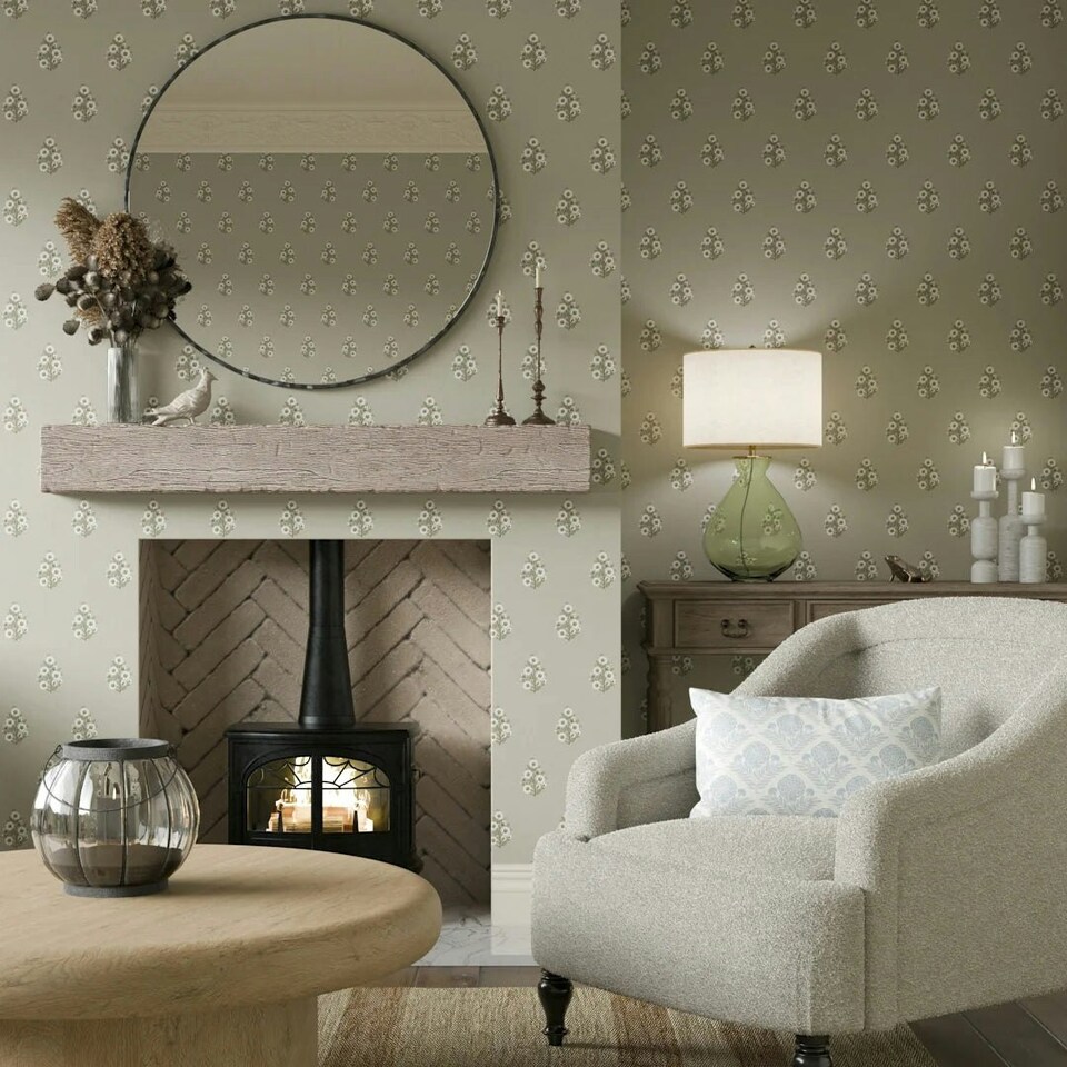 image 1 of Posy Wallpaper in Cream on Organic Green Multi