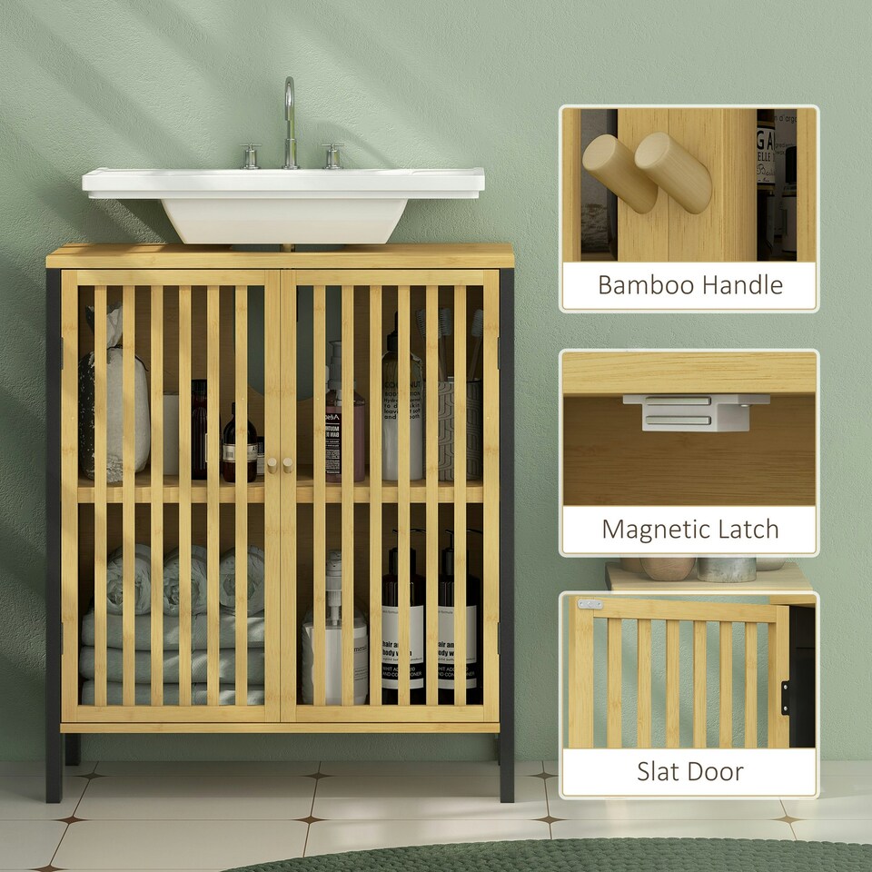 image 1 of HOMCOM Under Sink Bathroom Cabinet, Bamboo Sink Storage Cabinet Slat Doors Yellow | Natural wood finish