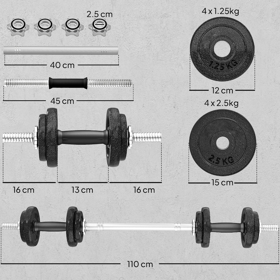 image 1 of SPORTNOW 2-in-1 Adjustable Dumbbells Set, 20kg Weights Dumbbells Set with Non-Slip Grip for Strength Training, Weight Lifting, Bodybuilding, Home Gym Workout Equipment for Men & Women | Grey | Standard