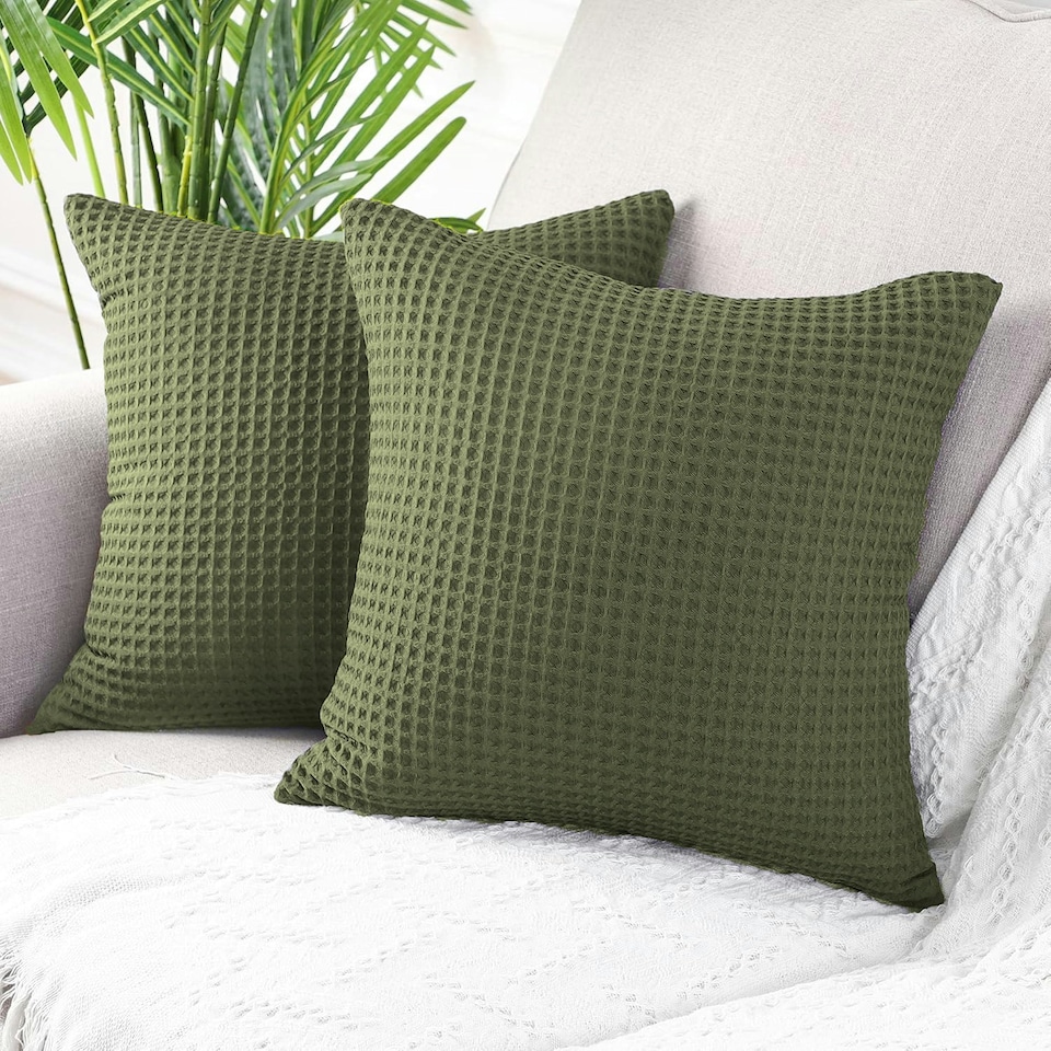 image 1 of Two Pack Waffle Cushion Covers 65 x 65cm - 100% Cotton Green | Khaki