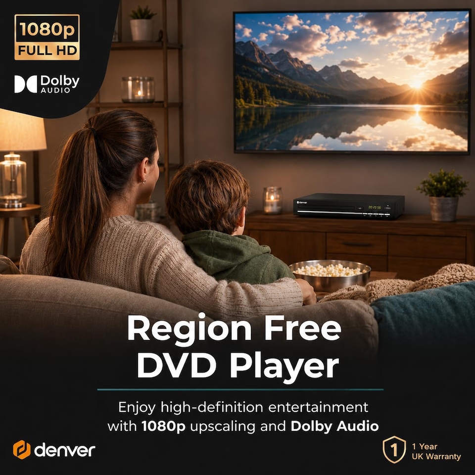 image 1 of Denver DVH-7787 - Compact DVD Player, Multi Region/All Region, Full HD 1080p Upscaling, HDMI, Scart & Composite Video Connections, USB Port & Remote