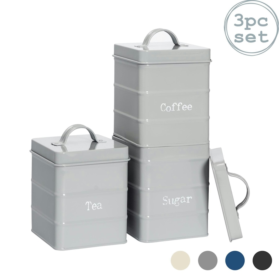 image 1 of Harbour Housewares Grey Vintage Metal Kitchen Tea Coffee Sugar Canisters Kitchen Caddy Kitchen Storage Containers Canister