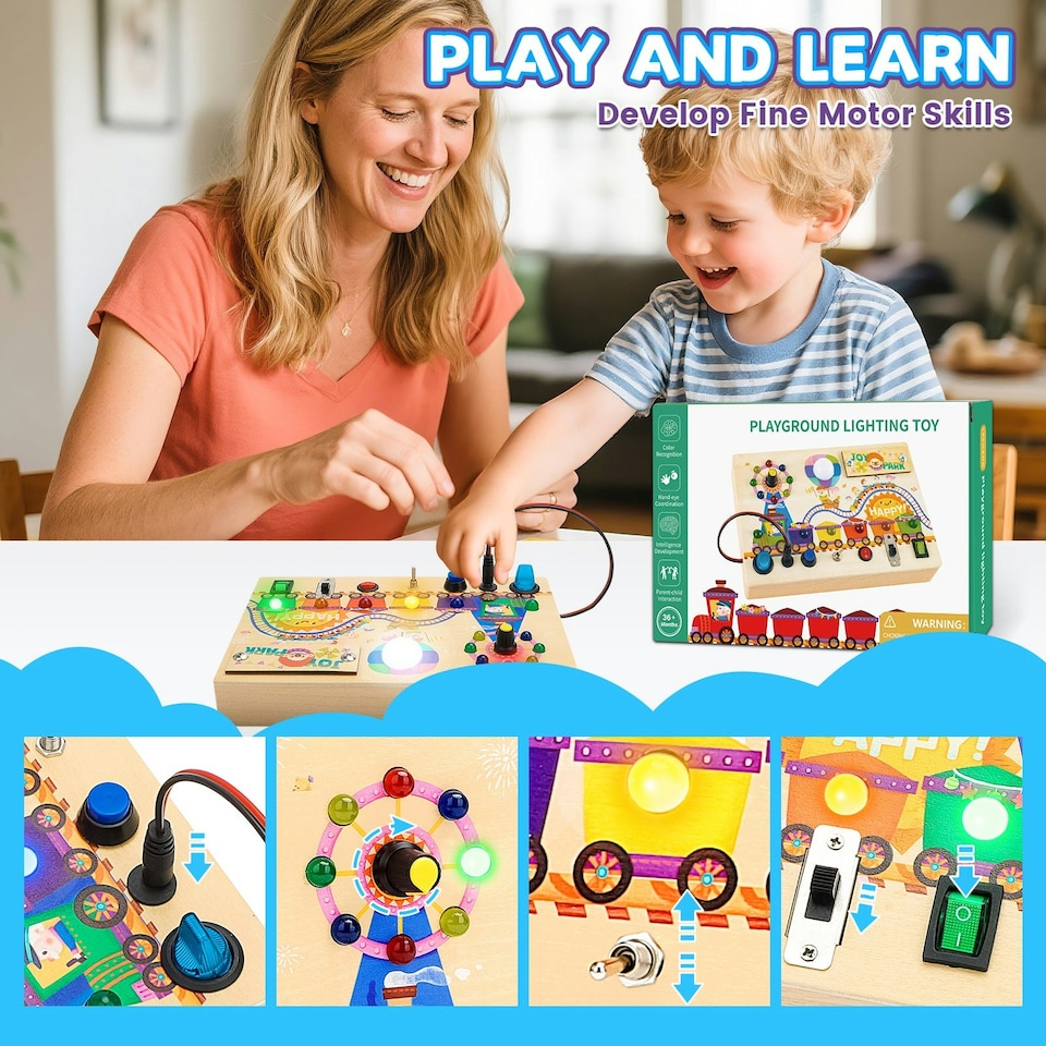 image 1 of Montessori Wooden Busy Board Light Up Sensory Activity Toy for Toddlers Fine Motor Skills Learning Toy for Ages 1 to4