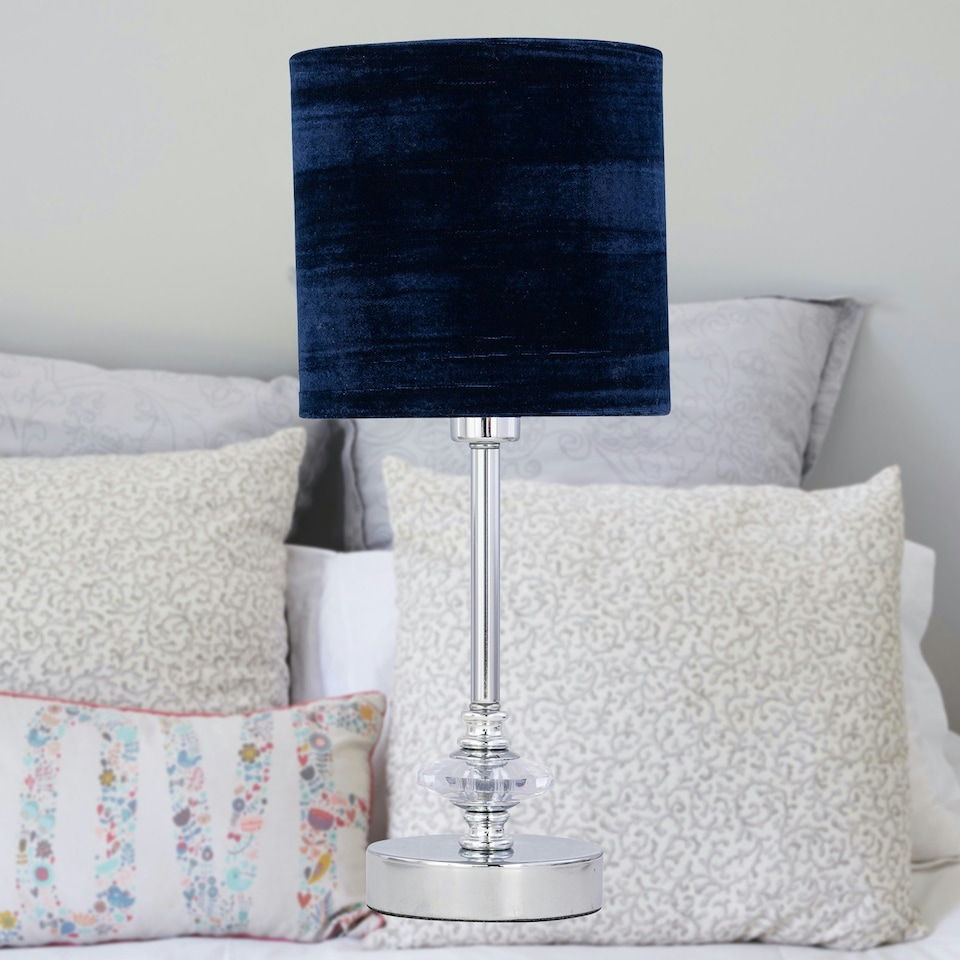 image 1 of First Choice Lighting Set of 2 Chrome Jewelled Table Lamp with Navy Blue Crushed Velvet Shades Chrome | Blue