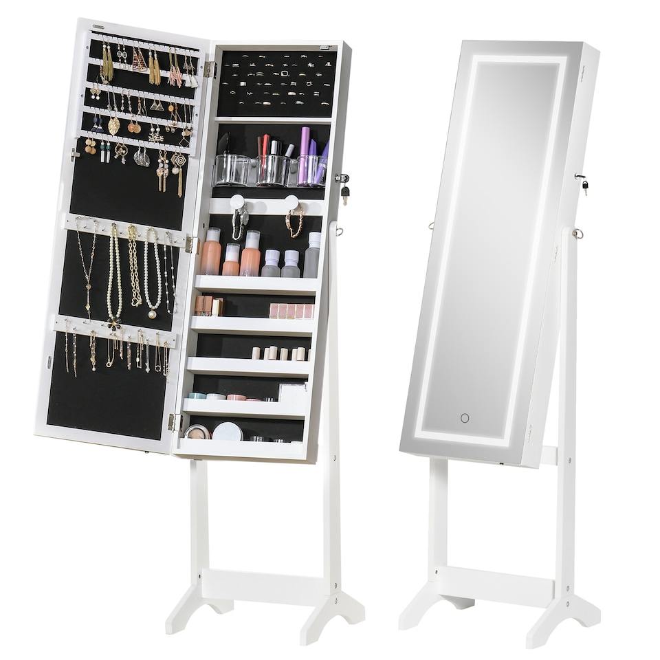 image 1 of HOMCOM Jewellery Cabinet with LED Light, Lockable Jewellery Organiser with Full-Length Mirror for Bedroom Dressing Room, White