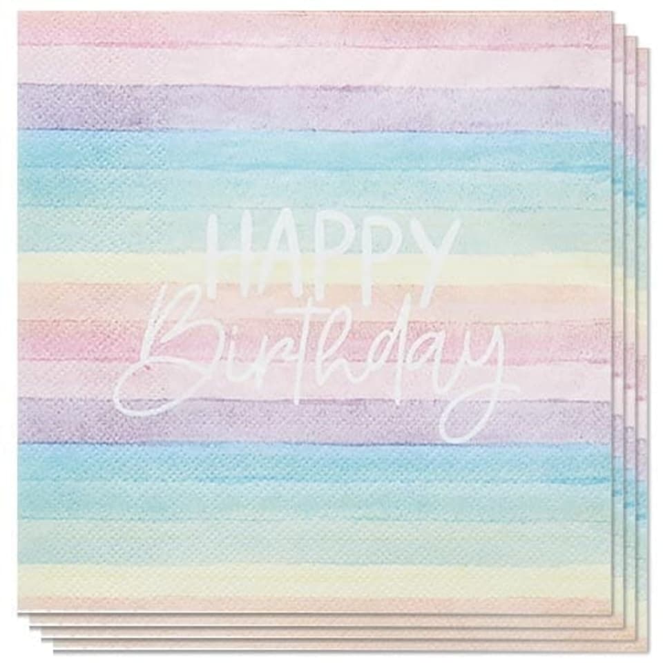 image 1 of Pastel Rainbow Stripes Happy Birthday Luncheon Paper Napkins 3 Ply 33cm - Pack of 16 | Multi