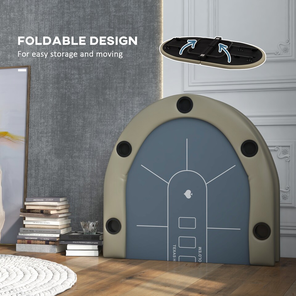 image 1 of SPORTNOW 8 Player Folding Poker Table, Oval Portable Blackjack Casino Table with Cup Holders, Cushioning Edge, Brown and Blue