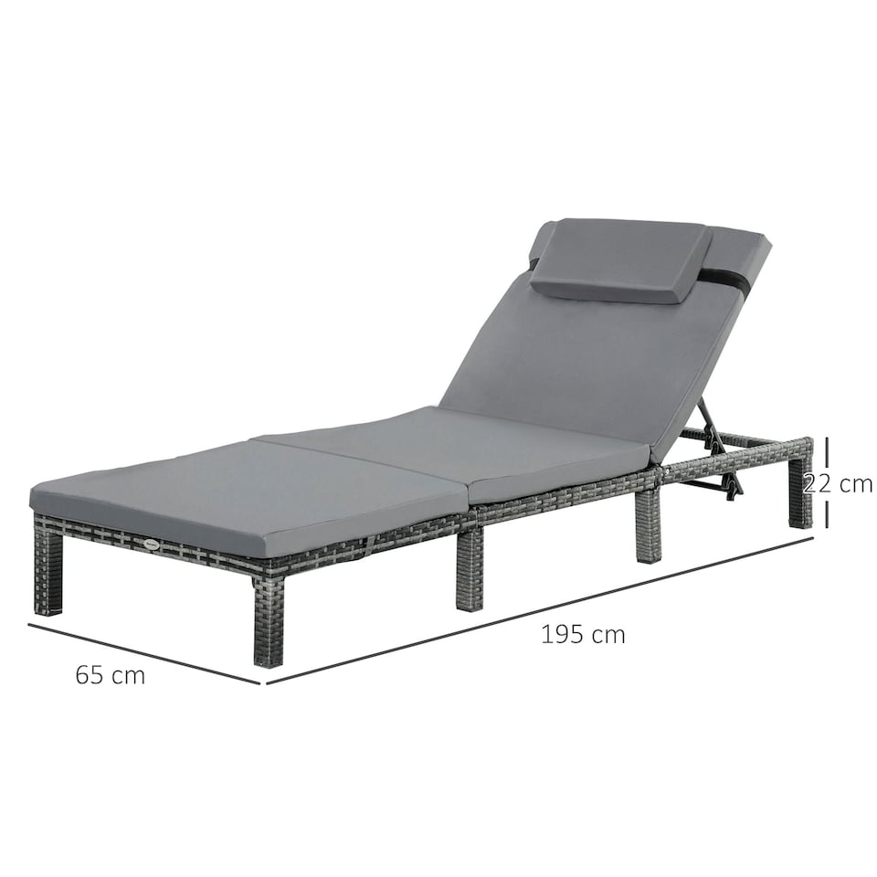 image 1 of Outsunny Rattan Sun Lounger, 5-Level Adjustable Garden Lounger Recliner with Cushion and Headrest, Outdoor Reclining Sunbed, Steel Frame Garden Chair for Patio, Beach, Terrace, Dark Grey