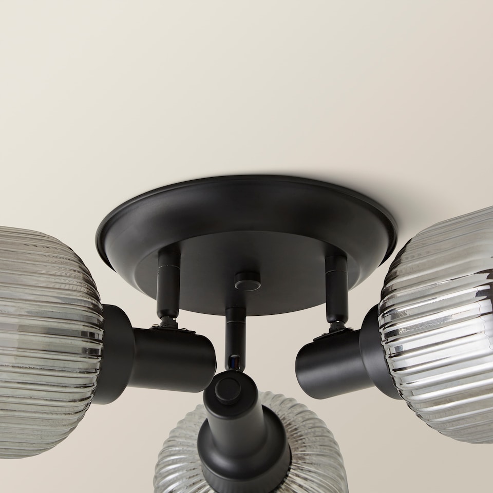 image 1 of ValueLights Calpe 3 Way Black Ceiling Light Ribbed Smoked Shades