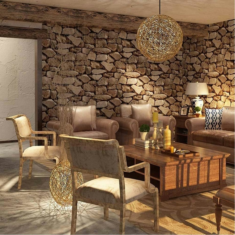 image 1 of Living and Home Rustic Stone Brick Textured PVC Wallpaper | Multi