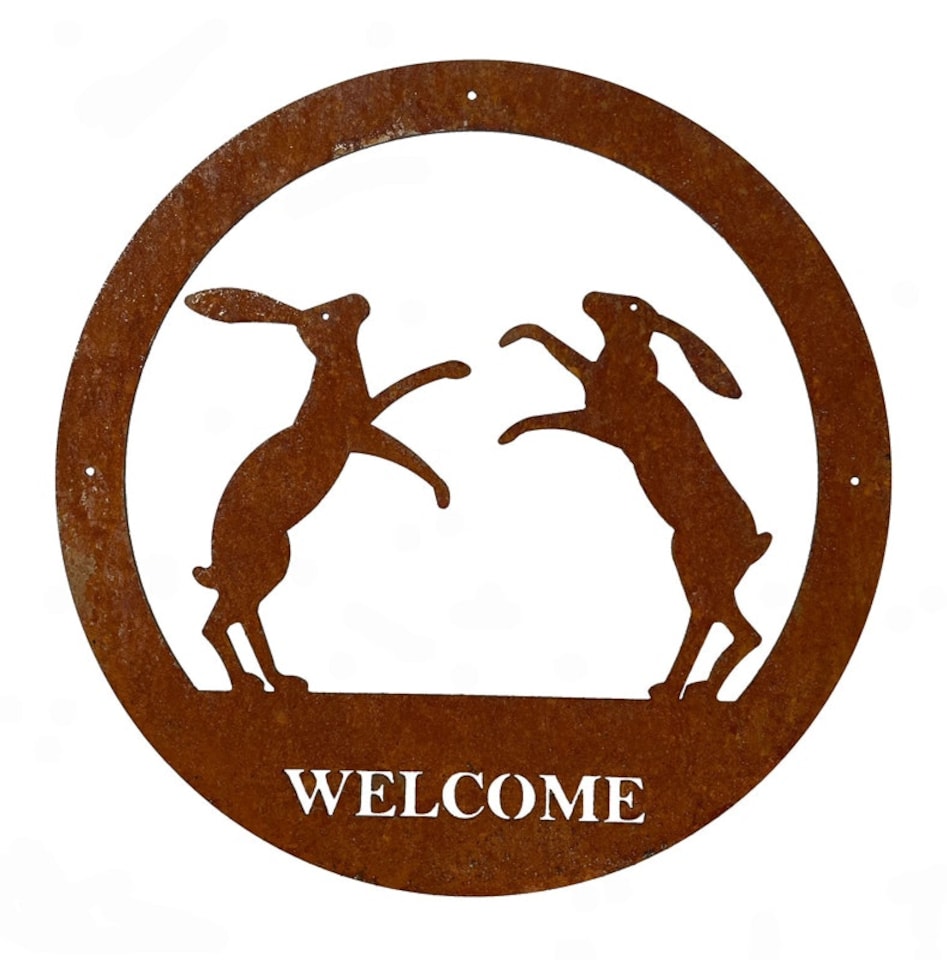 Boxing Hares Small Wall Art - With Text - Steel - W29.5 x H29.5 cm - Bare Metal/Ready to Rust | Brown