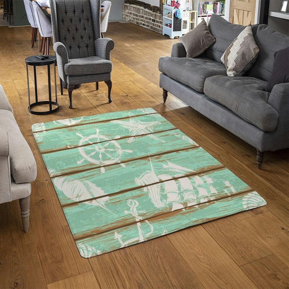 image 1 of Nautical Elements on Wood (Rug) Blue | Large: 140x200cm