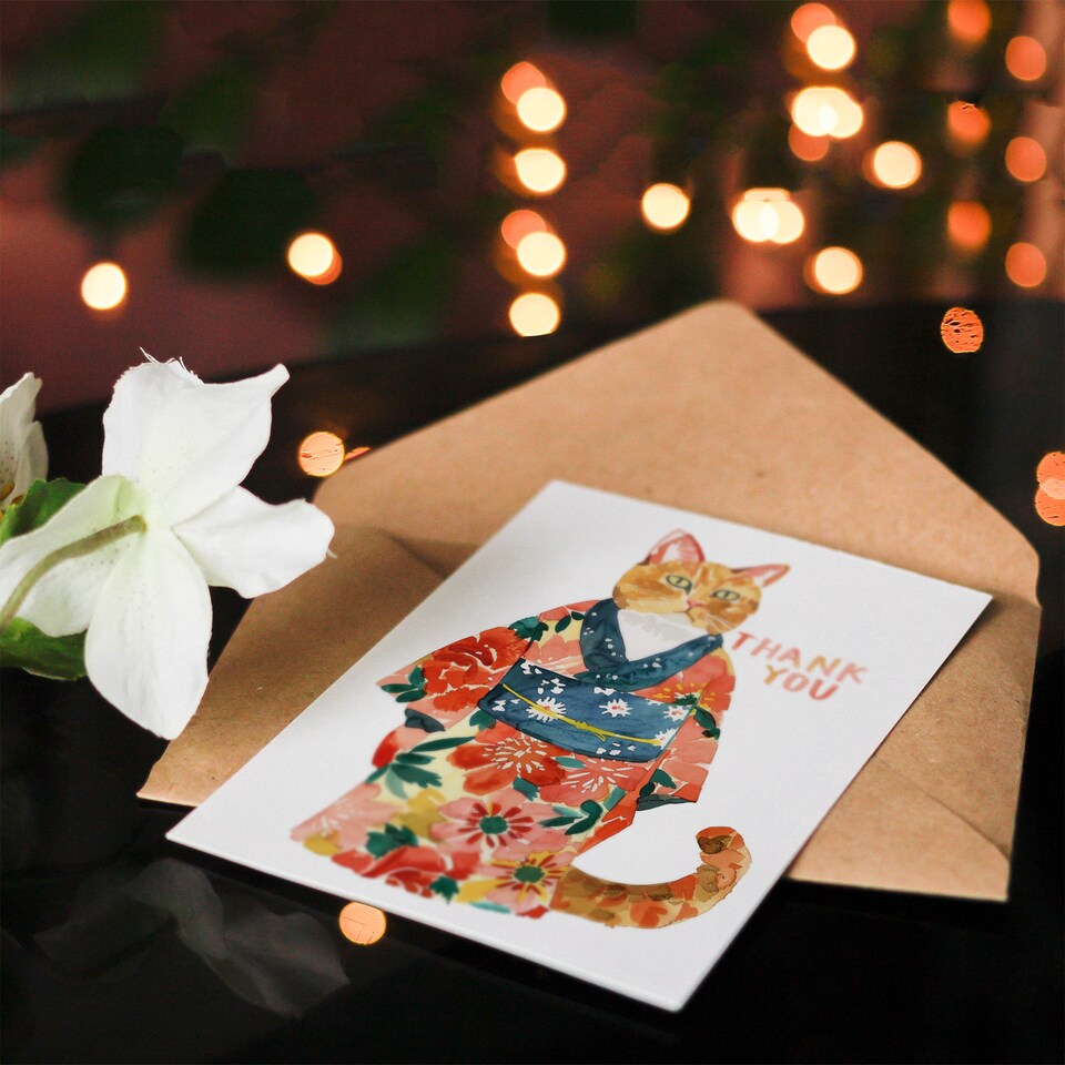 image 1 of Orange Tabby Floral Kimono Cat Lover Watercolour Thank You Card