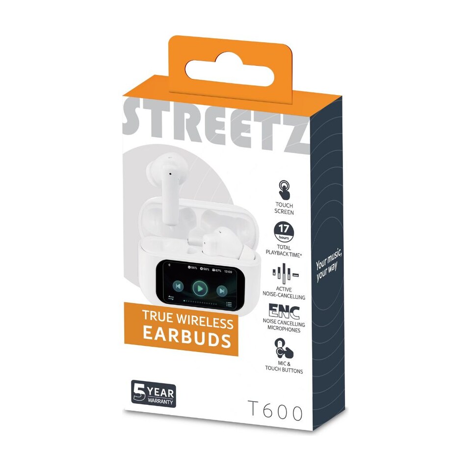 image 1 of Streetz T600 ANC True Wireless Earbuds with LCD Screen - White