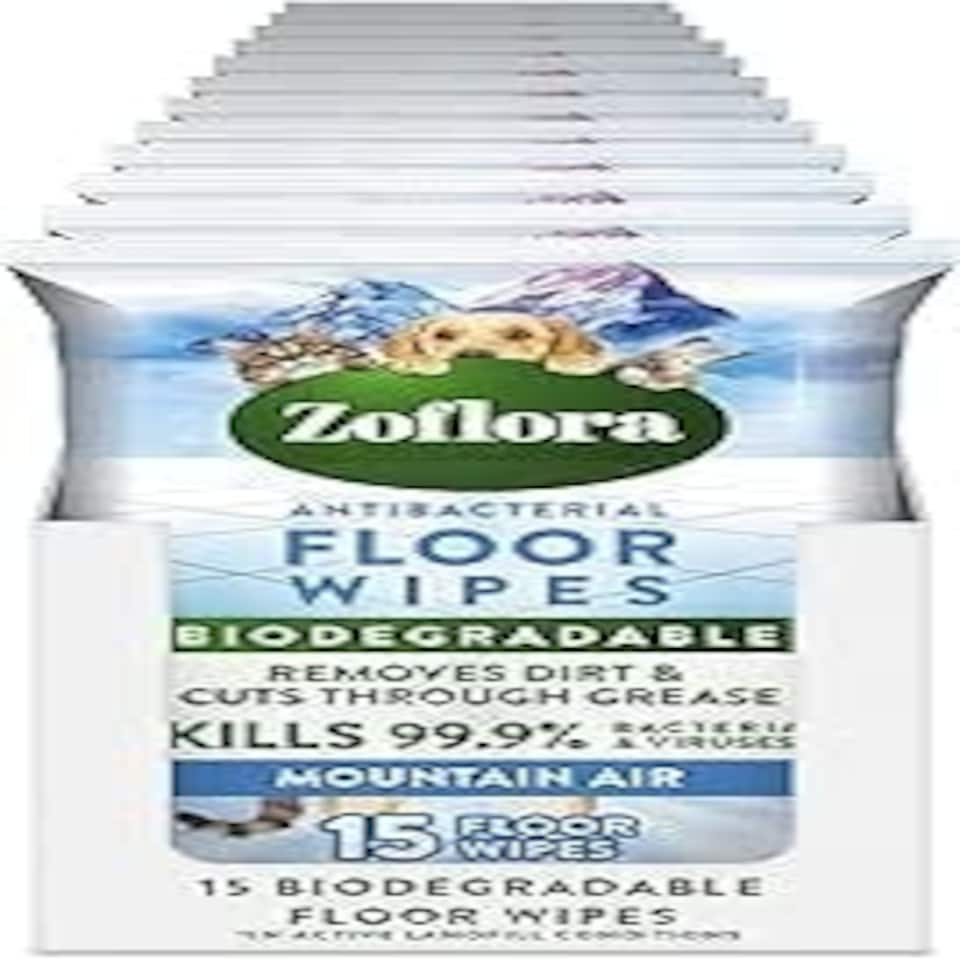image 1 of Zoflora Mountain Air Floor Wipes, 12 Pack x 15 Pack, Antibacterial & Multi-Surface Floor Cleaning, Removes Dirt & Odours, Kills 99.9% of Bacteria & Viruses.