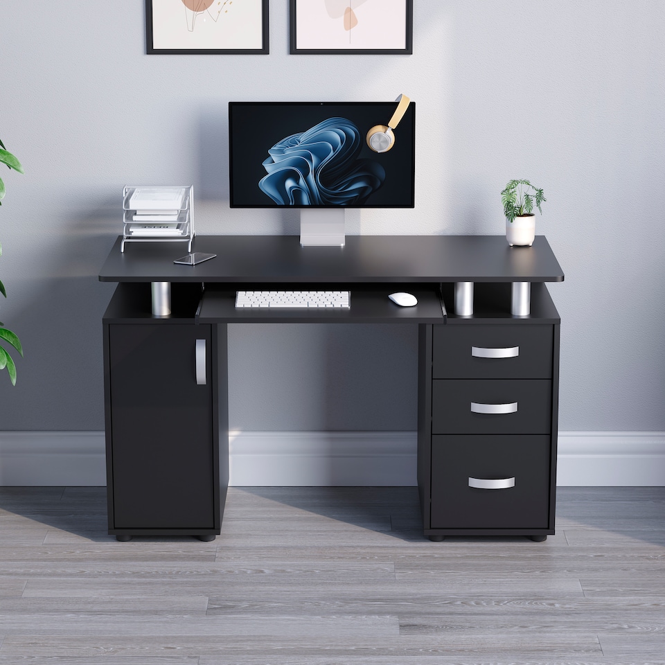 image 1 of Vida Designs Otley 3 Drawer Computer Desk Home Office Workstation, Black