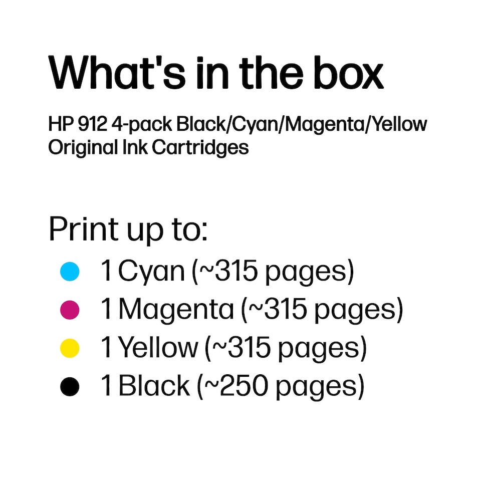 image 1 of HP 912 4-pack Black/Cyan/Magenta/Yellow Original Ink Cartridges (6ZC74AE)