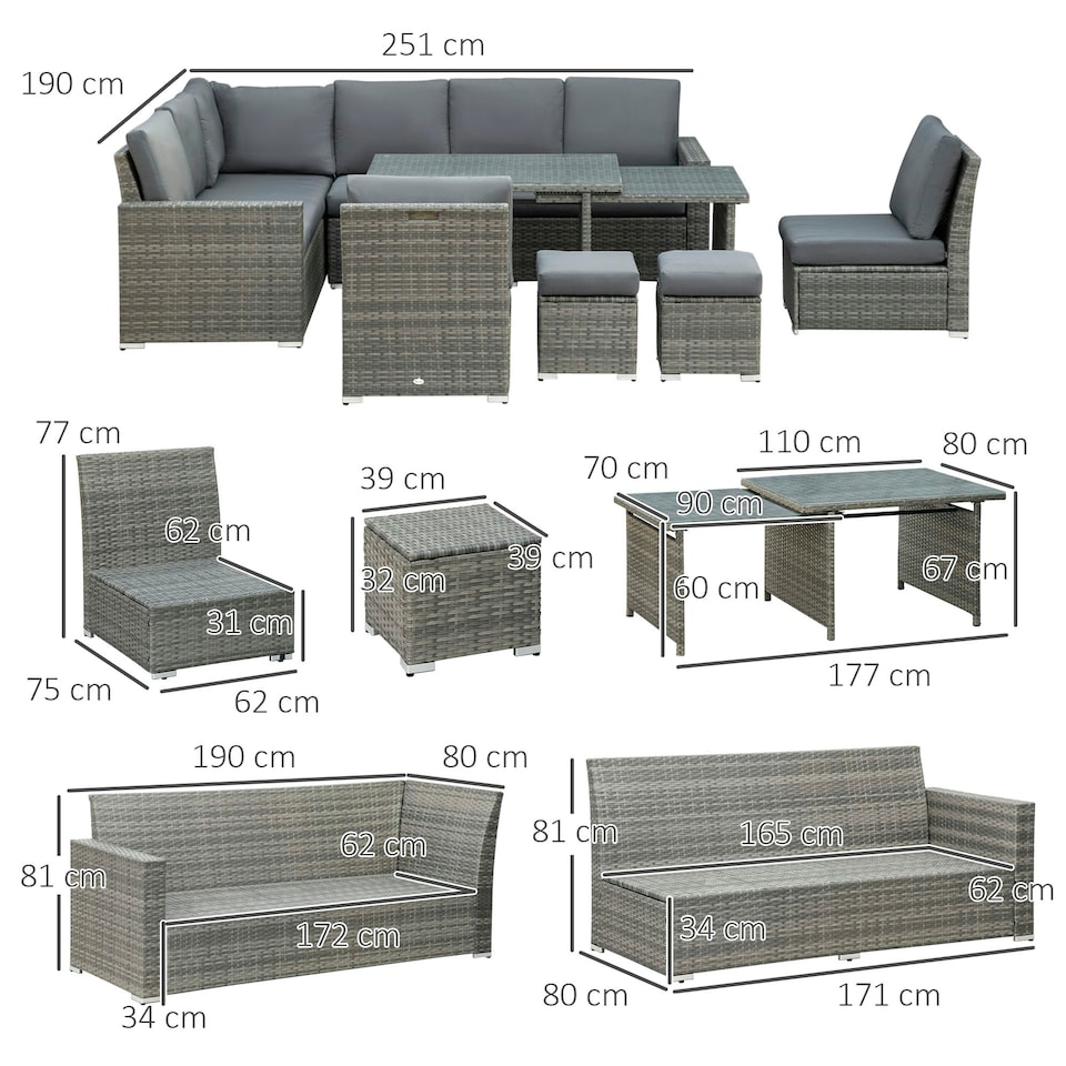 image 1 of Outsunny 10-Seater Sofa Sectional w/ Cushioned Seat, Footstools and Glass Table