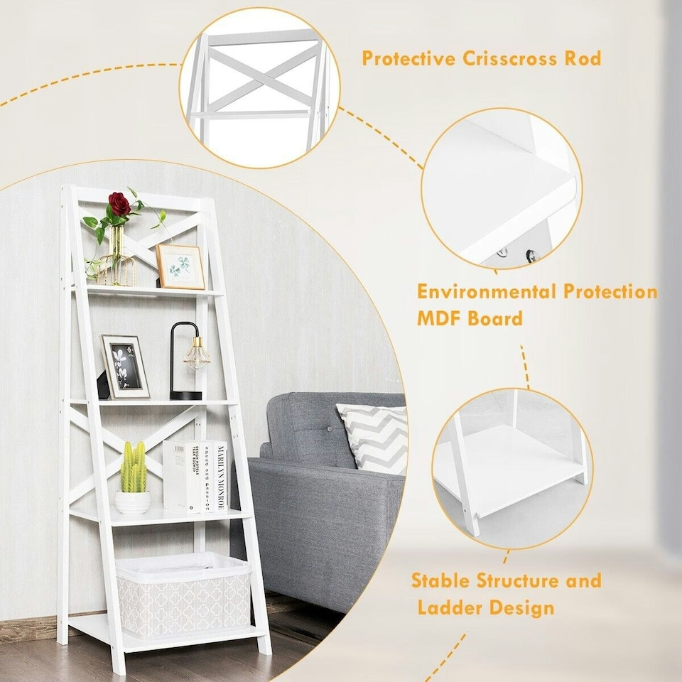 image 1 of COSTWAY 4 Tier Ladder Shelf Storage Wooden Bookcase White White