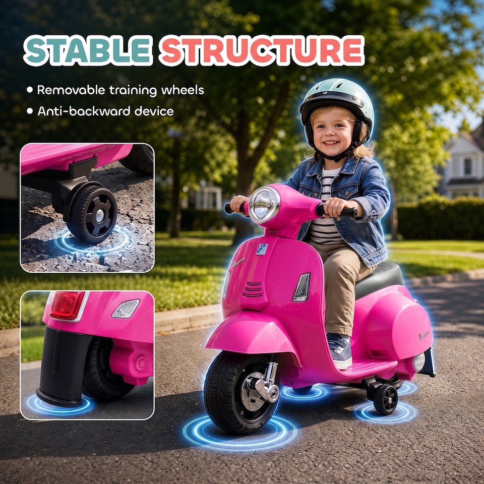 image 1 of HOMCOM Vespa Licensed Kids Ride On Motorcycle, 6V Battery Powered, Pink