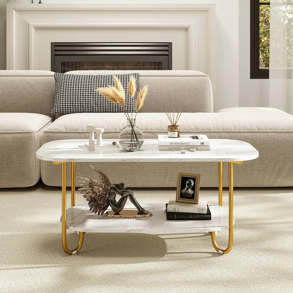 image 1 of COSTWAY Faux Marble Top Coffee Table 2-tier Tea Table White