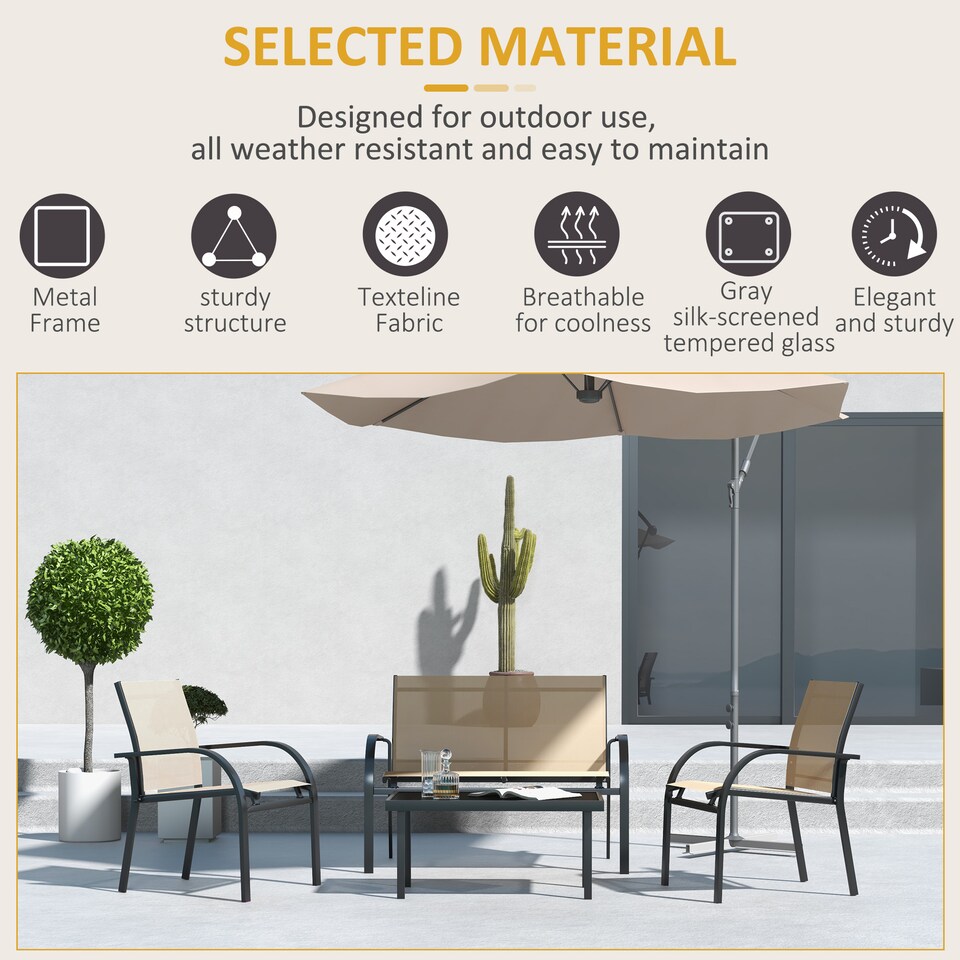 image 1 of Outsunny 4 Pcs Curved Steel Outdoor Furniture Set w Loveseat, 2 Texteline Seats, Glass Top Table Garden Balcony Patio Furniture For Family Party Events Guests Beige