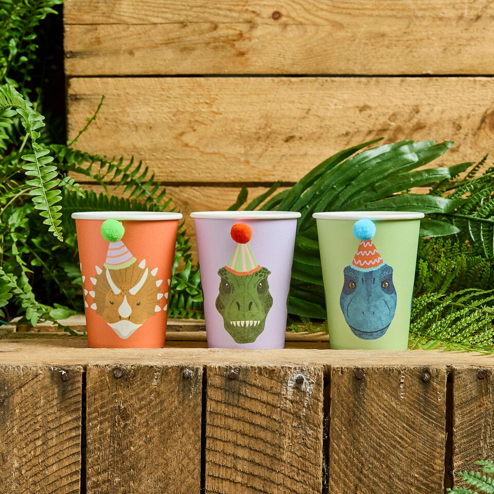 image 1 of Party Dinosaur Pom Pom Paper Cups - Pack of 6