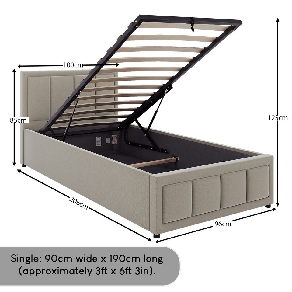 image 1 of Vida Designs Vanita Single Ottoman Lift Up Storage Space Fabric Bed Frame, Beige