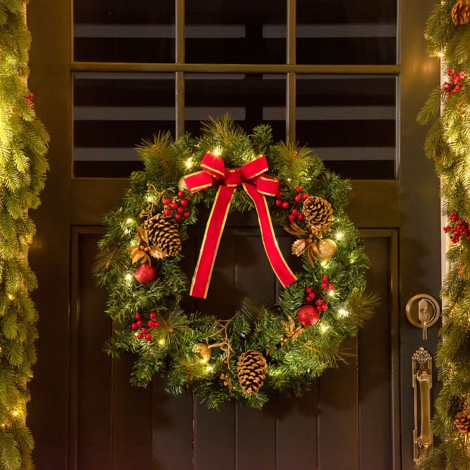 image 1 of HOMCOM Pre-Lit Artificial Christmas Door Wreath Holly Garland Decor 20 LED