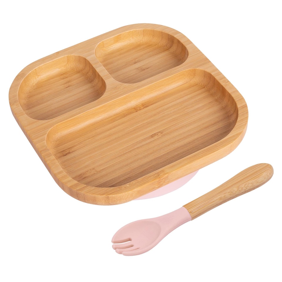 image 1 of Tiny Dining Bamboo Weaning Plate & Fork Set - Segmented/Pastel Pink - Divided Non-Slip Bamboo Self-Feeding Weaning Plate & Cutlery