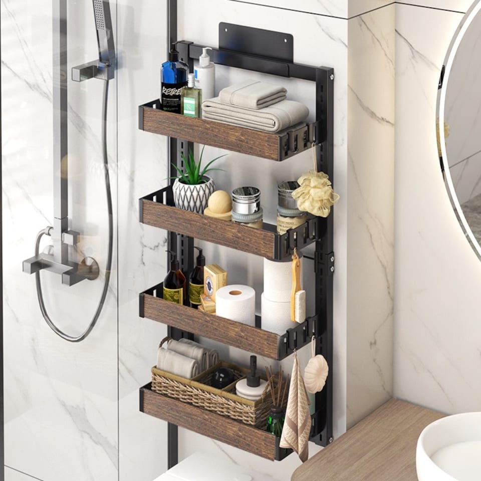 image 1 of Living and Home 4 Tier Over-the-Door Adjustable Shower Caddy Shelf,Brown