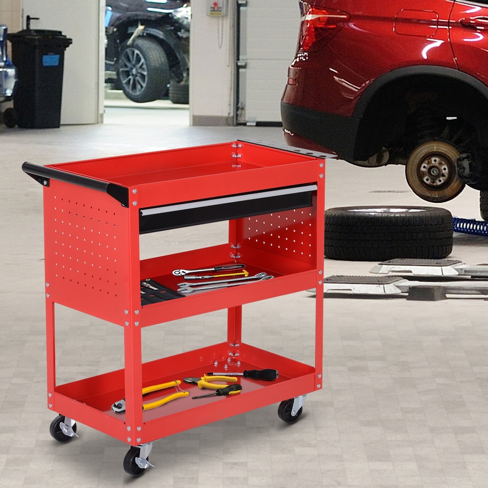 image 1 of DURHAND 3-Tier Tool Trolley Cart Storage Shelf Roller Cabinet DIY Box Garage Workshop with Drawer Red