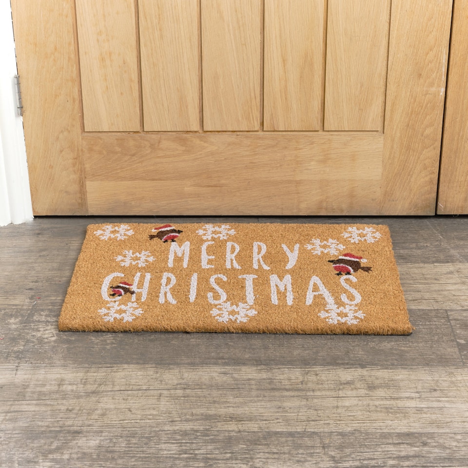 image 1 of Merry Christmas Robin Detail PVC Backed Coir Door Mat 60cm X 40cm